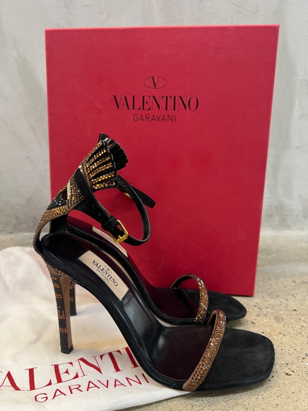 Valentino Garavani Black Suede Sandals with Bronze Crystal Accents